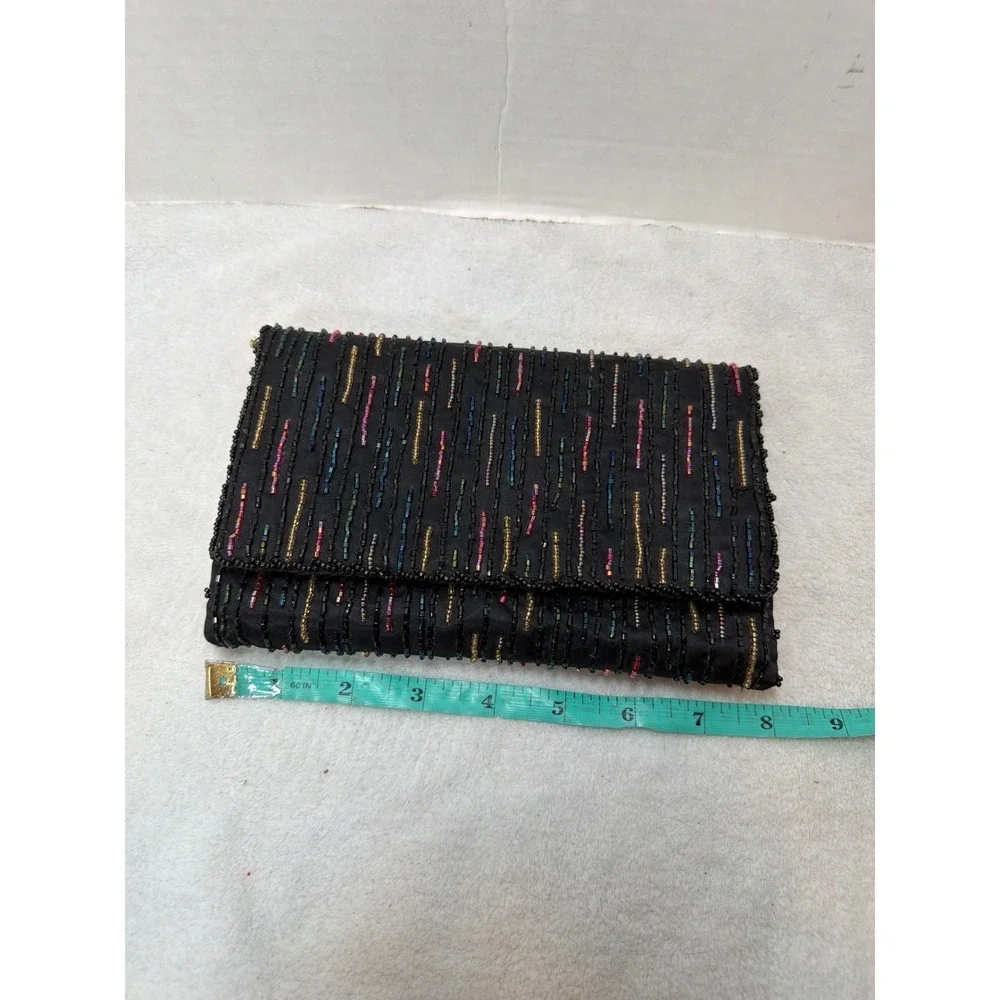 VTG 80s La Regale Beaded Evening Clutch Womens Small Black Multi Color Satin Bag